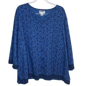 Serengeti Womens Size 3X Blue Black Button Up Top Short 3/4 Sleeves Cotton Plus